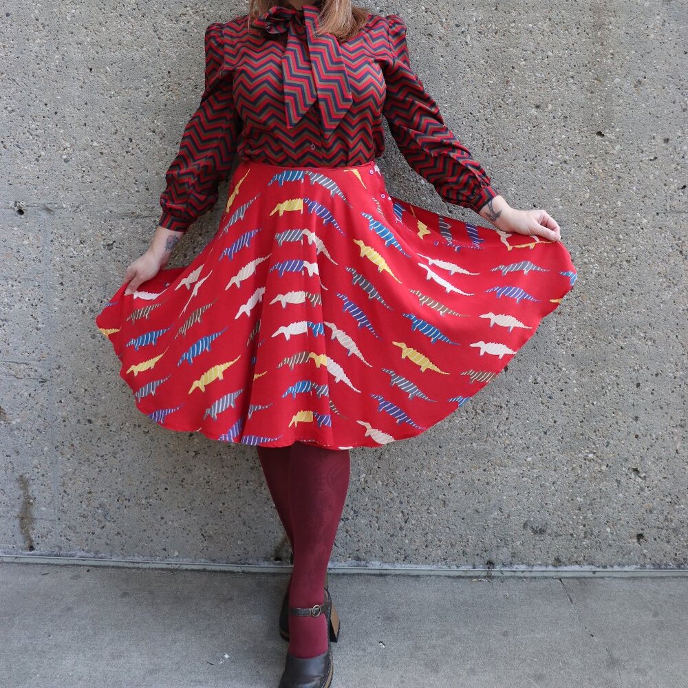 90s CROCODILE circle skirt, silk, novelty print skirt